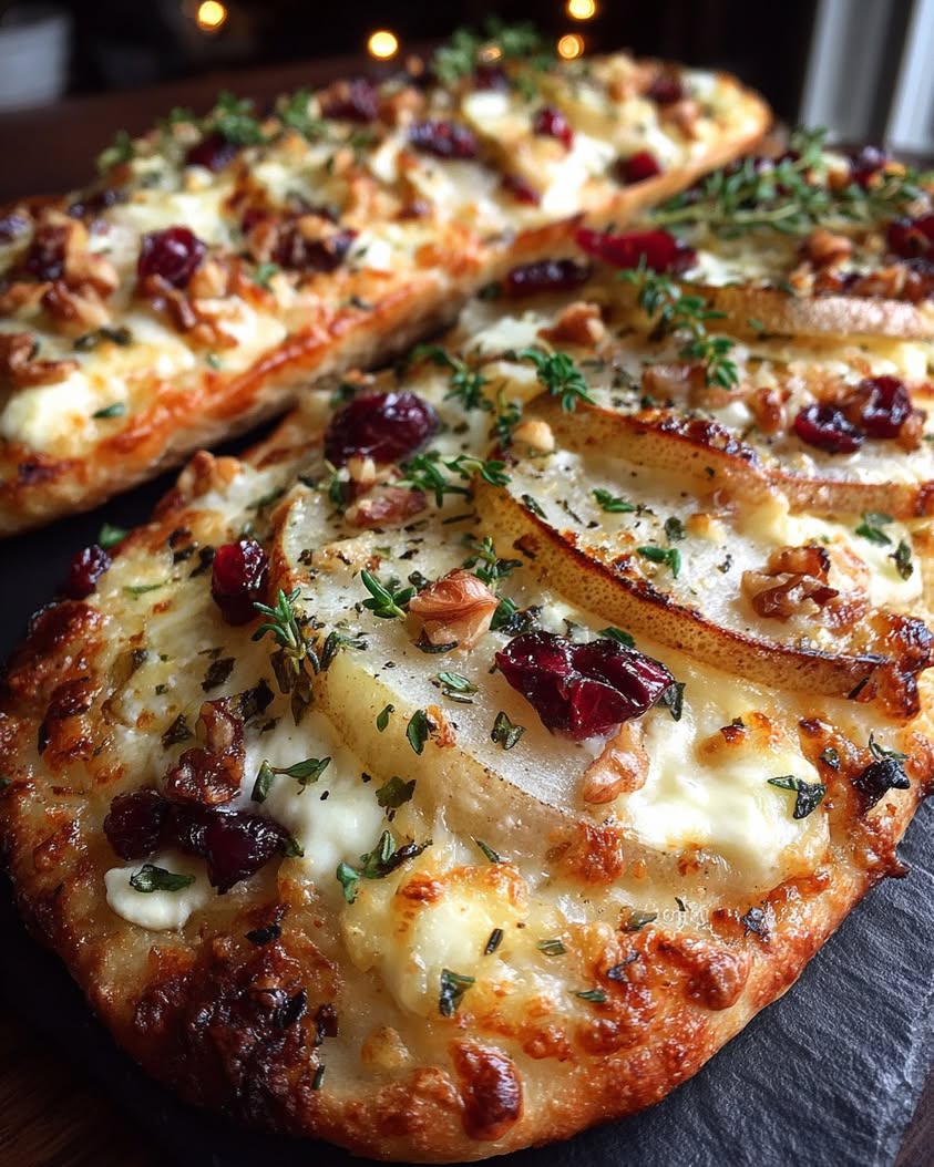 roasted pear cranberry brie flatbread