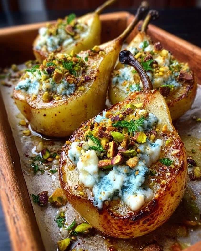 roasted pears blue cheese pistachios