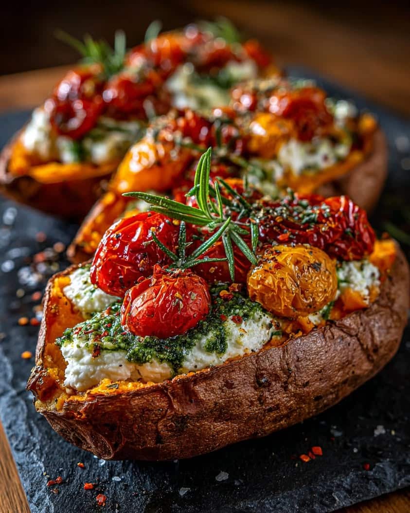 roasted sweet potatoes ricotta pesto 1