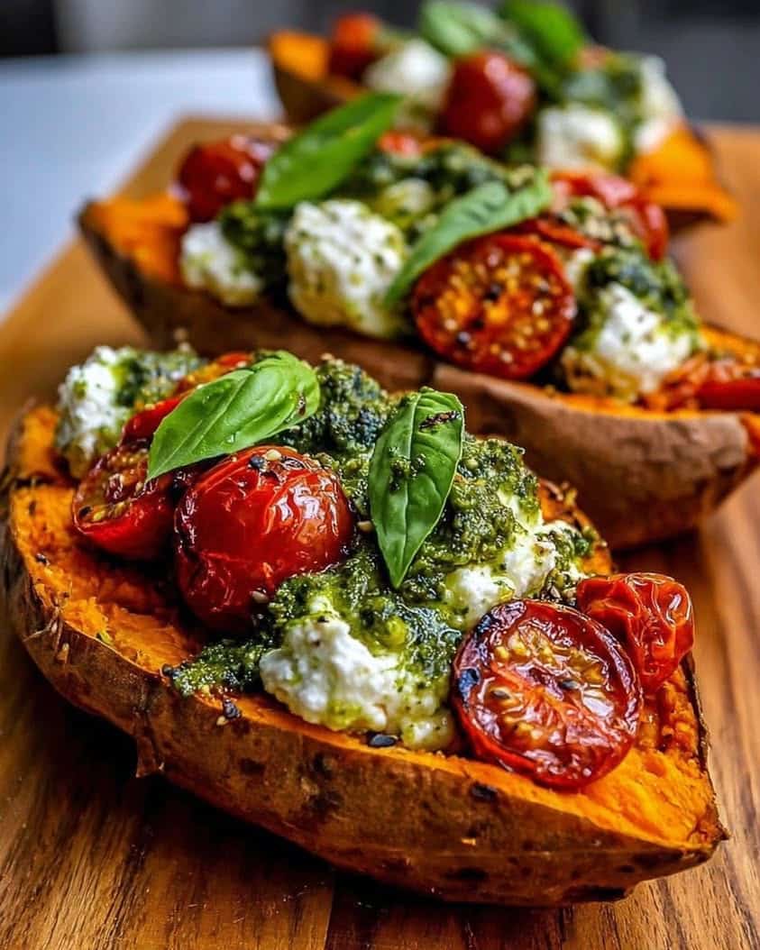 roasted sweet potatoes ricotta pesto