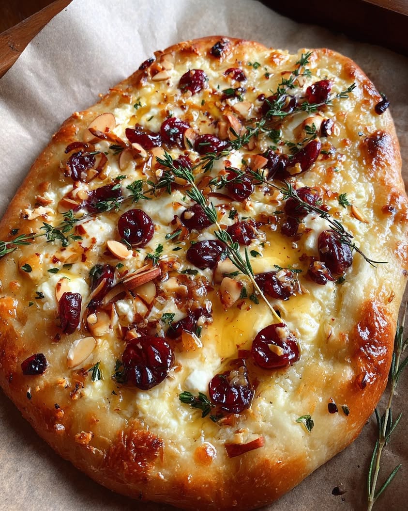 rustic flatbread cranberry glaze almonds