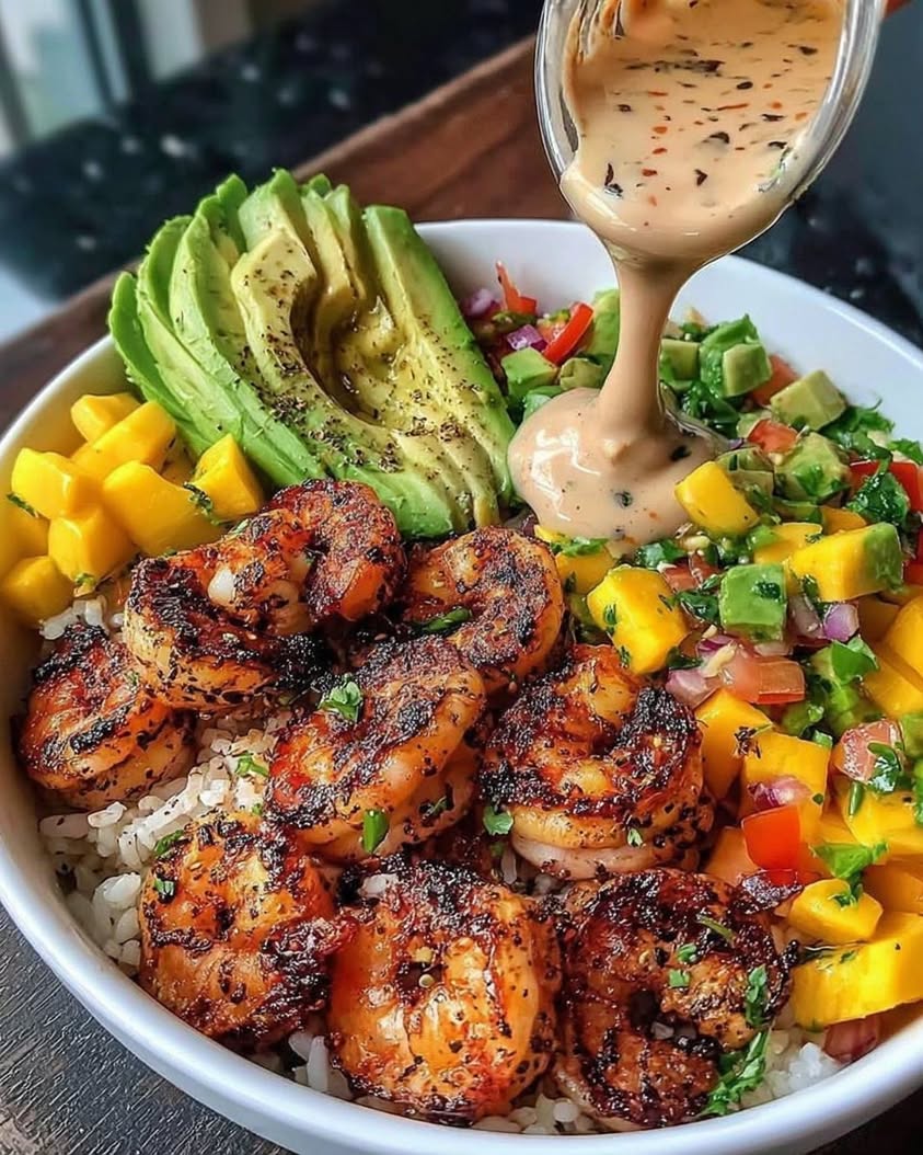 shrimp avocado bowl mango salsa
