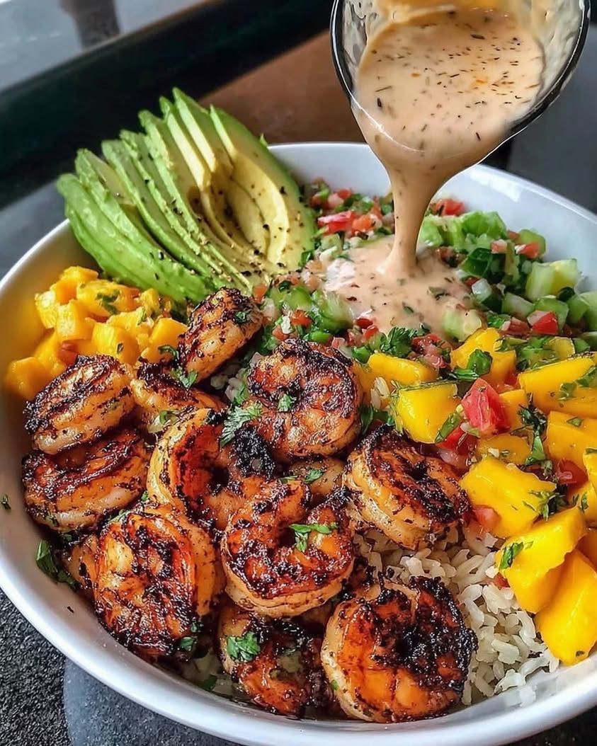 shrimp avocado bowls mango salsa