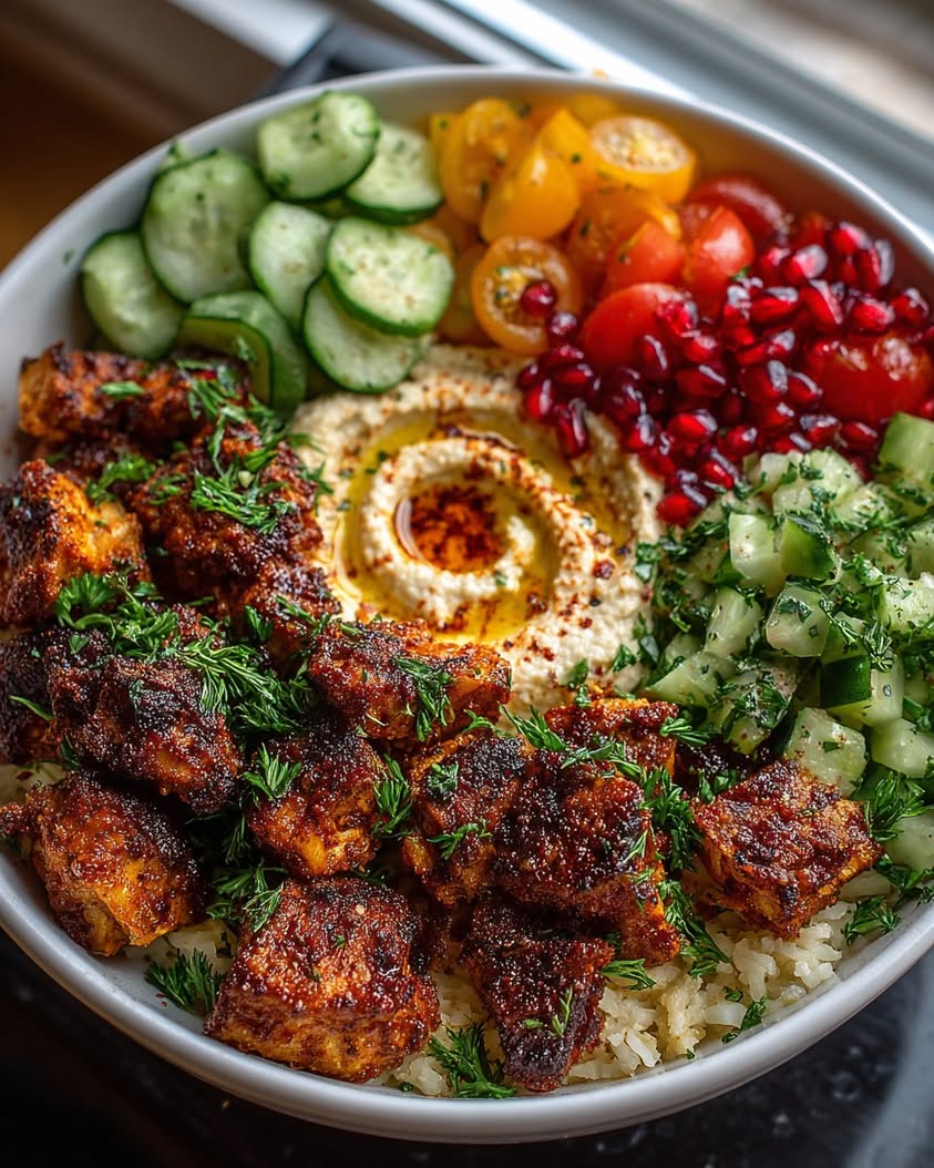 spicy garlic chicken hummus bowl