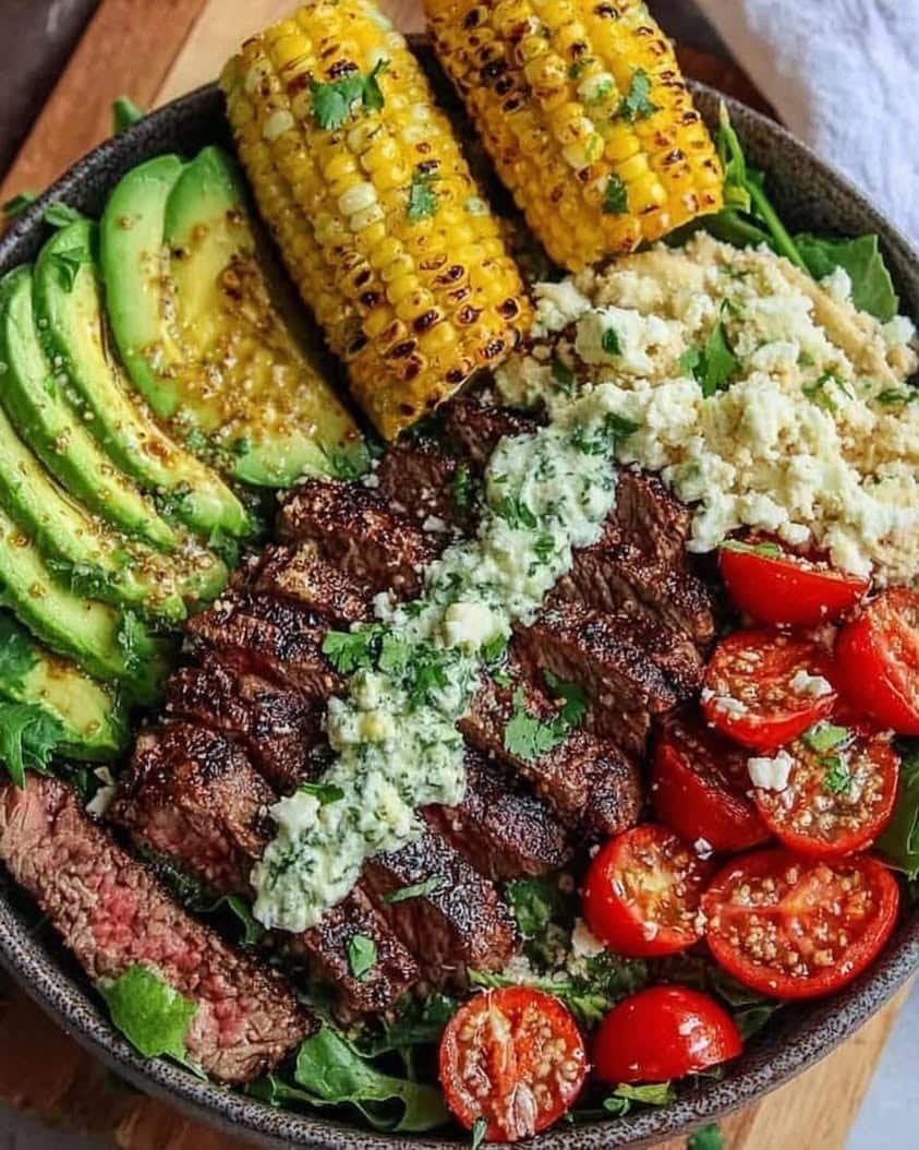 steak avocado roasted corn bowl