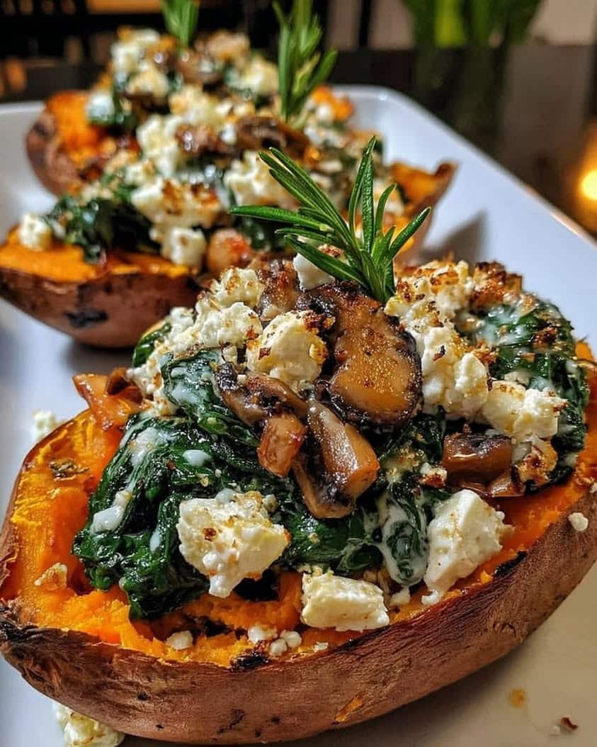 stuffed sweet potatoes spinach mushroom feta