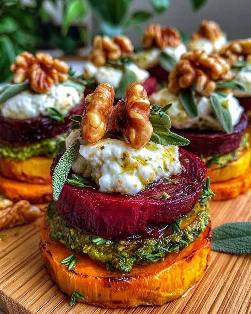 sweet potato beet stacks pesto
