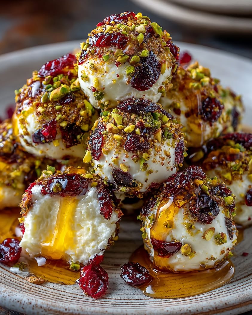warm cranberry pistachio goat cheese truffles