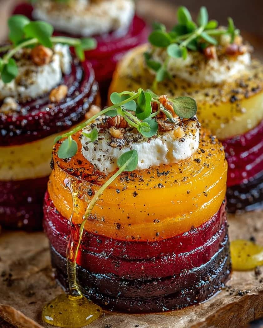 caramelized beet pear towers feta