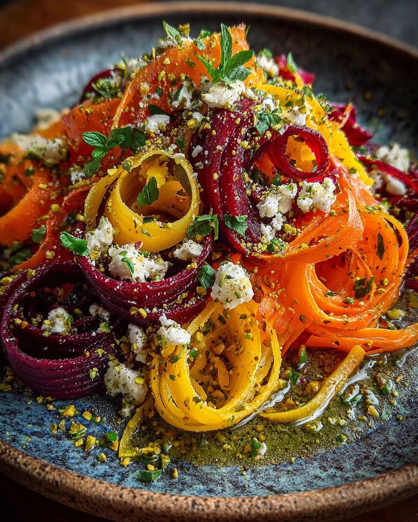 caramelized carrot beet ribbons feta pistachio