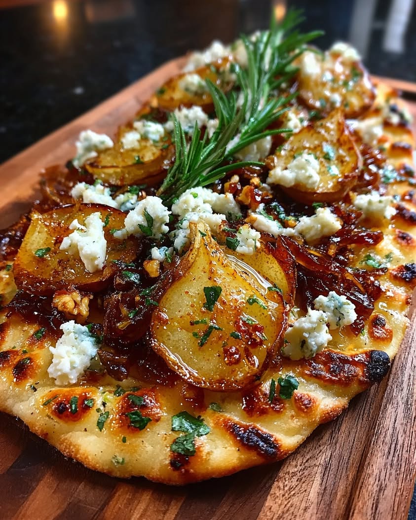 caramelized pear feta flatbread