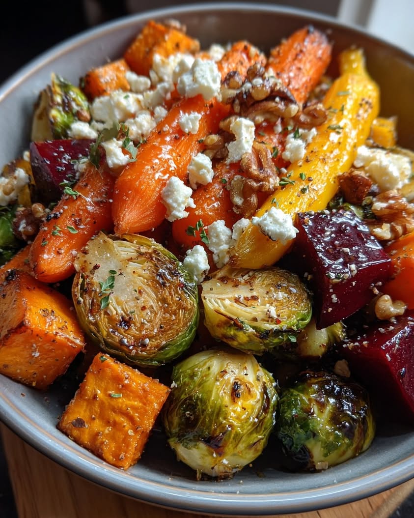 Roasted Root Vegetable Medley with Feta, Walnuts & Hot Honey