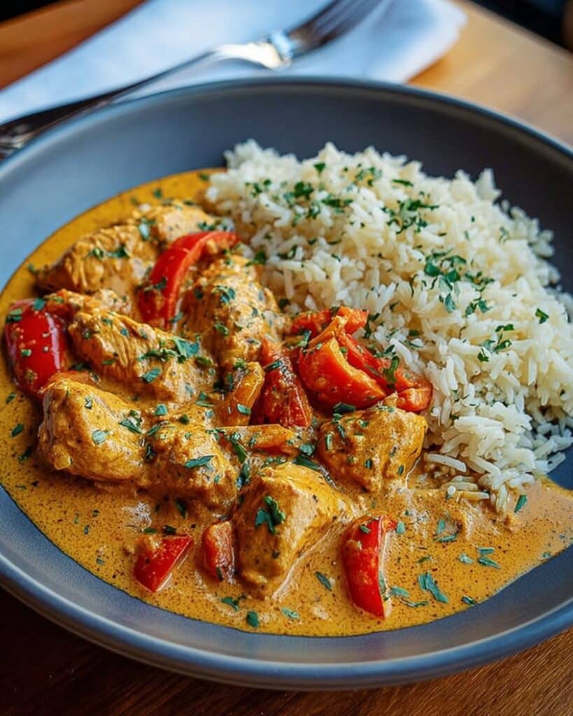 Creamy Chicken Curry with Bell Peppers and Fragrant Rice Recipe