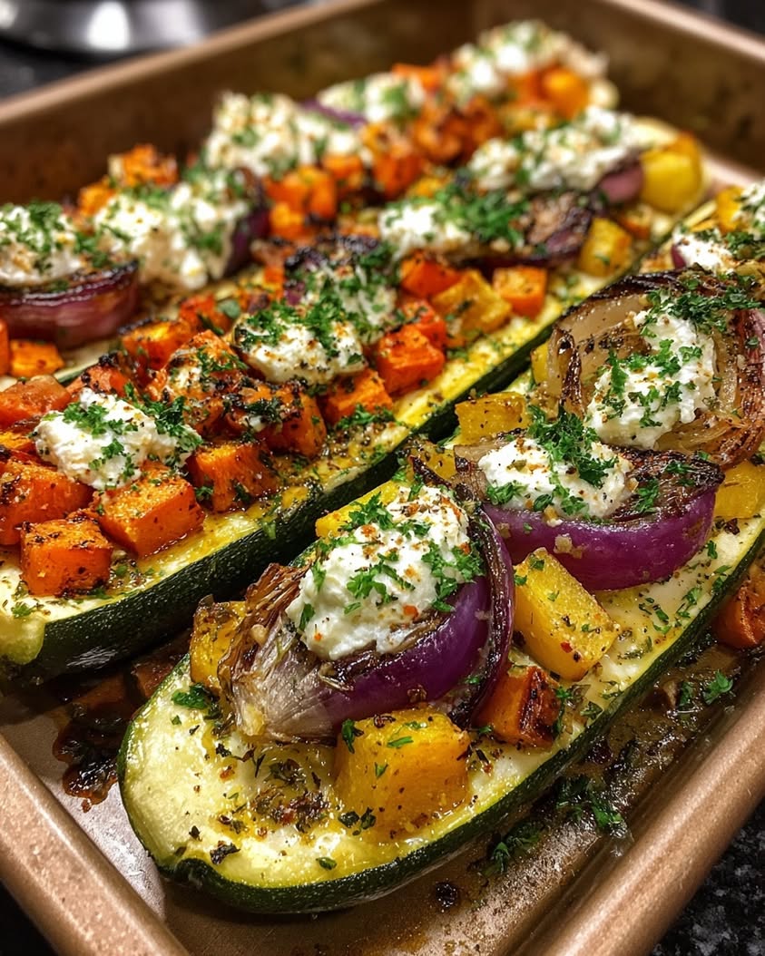 golden roasted holiday vegetable zucchini boats