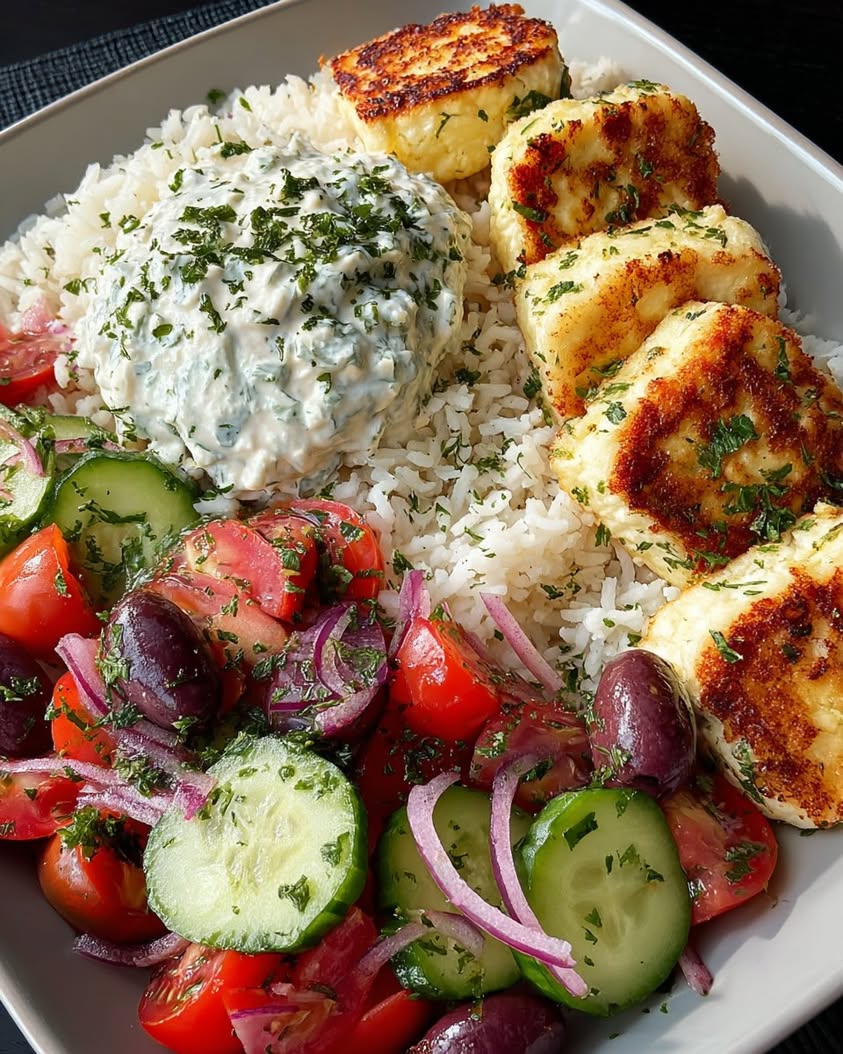 grilled halloumi bowl tzatziki greek salad