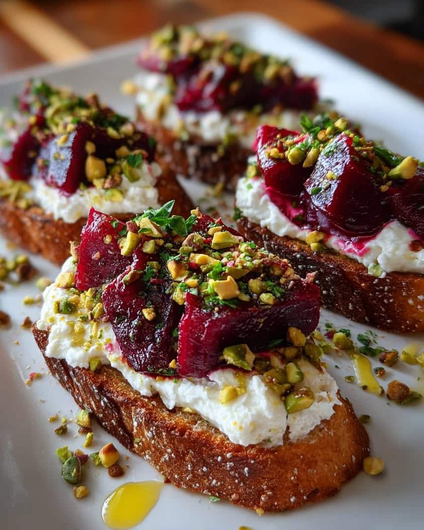 holiday beet burrata crostini pistachio