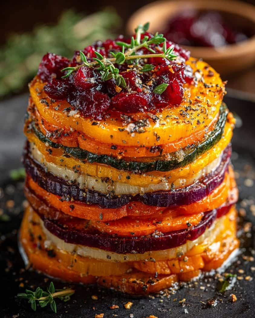 Baking Roots Layered Root Vegetable Bake with Cranberry Honey Drizzle Recipe