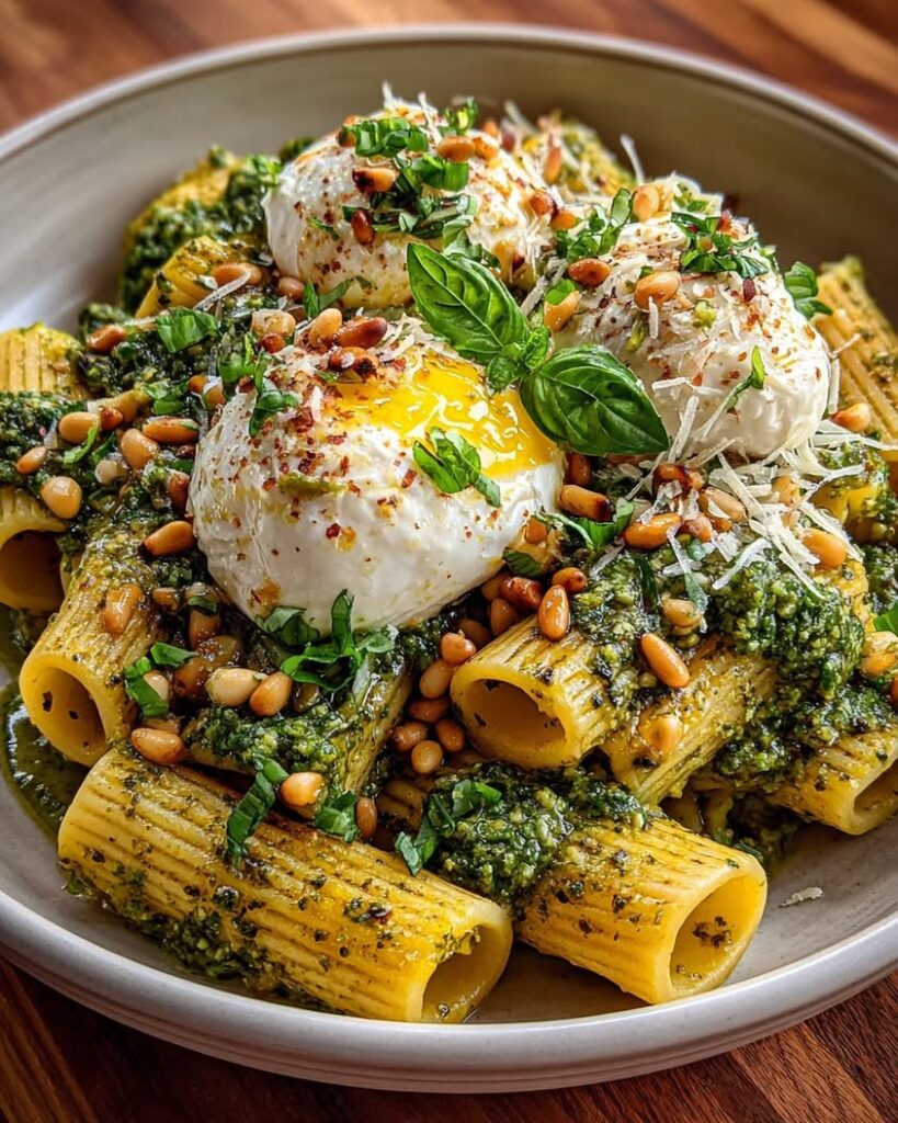 Lemon Pesto Rigatoni with Burrata and Roasted Pine Nuts Recipe
