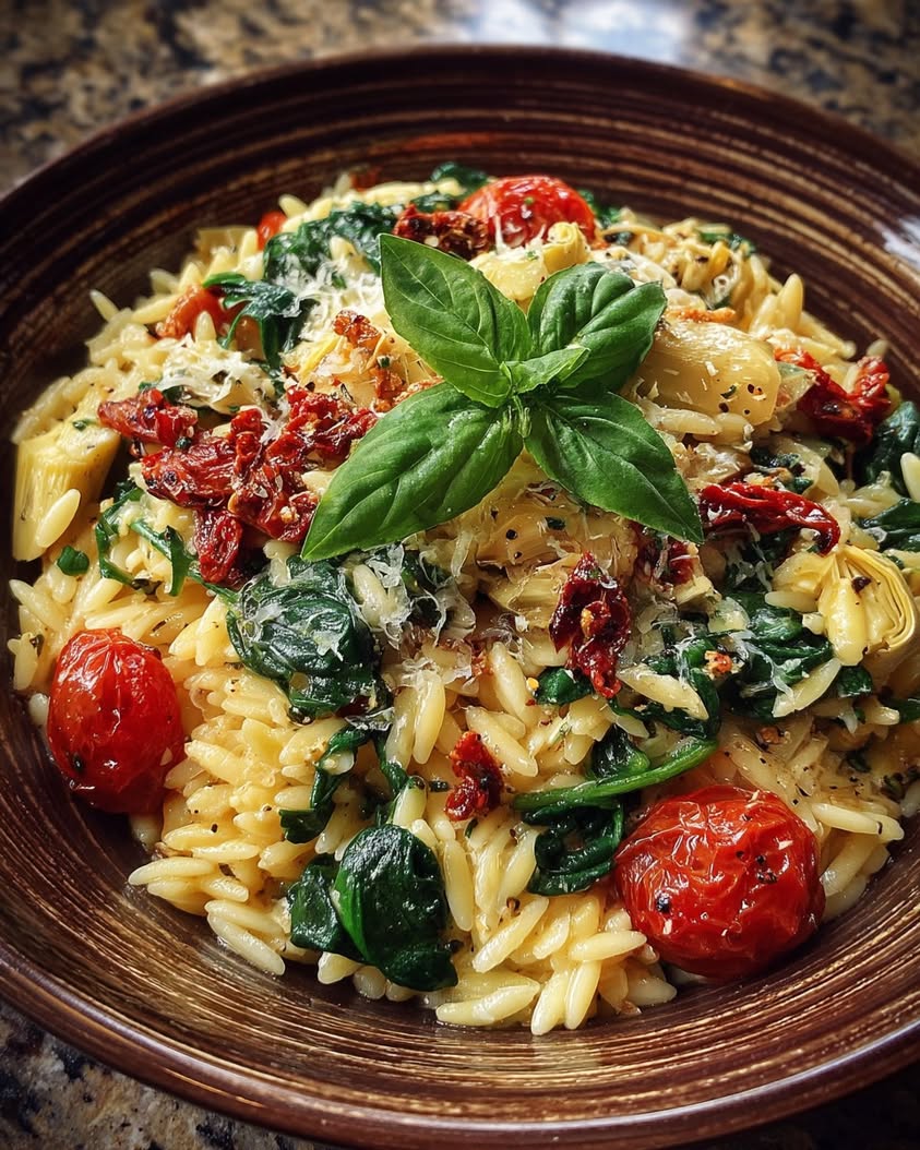 Sun-Dried Tomato Orzo with Spinach and Artichokes